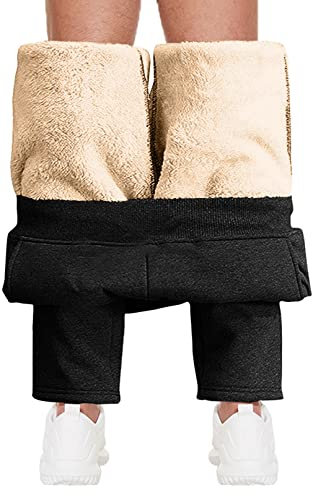 CheChury Jogginghose Herren Winter Fleece Sweathose High Waist Trainingshose Sherpa Gefüttert Warme Männer Sporthose Baumwolle Slim Fit Freizeithose mit Reißverschluss Taschen Relaxing Hose,Schwarz,XL