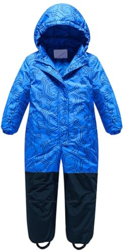 L SERVER Schneeanzug Kinder Jungen mit Kapuze Warme Skianzug Mädchen Winddichte und Wasserdichte Winter Skioverall, Blau, 122-128