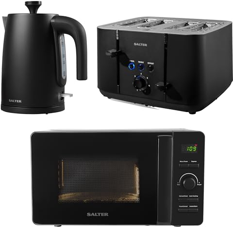 Salter COMBO-8801 Kuro Matching Kitchen Countertop Breakfast Set, Rapid Boil 1.7L 3kW Kettle, 4-Slice Anti-Jamming Toaster, 20L 800W Digital Dial Microwave, Black, Plastic