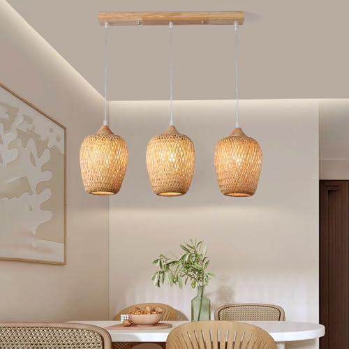Lámpara De Techo Boho Lámpara De Ratán Retro Lampara Techo Ratan Lampara Mimbre Colgante De Madera 3 Luces Lámpara De Techo Boho Con Pantalla De Ratán Para Comedor Salón Cocina, 54cm