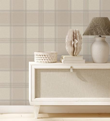 GAULAN 500682860 - Papel pintado vinílico de cuadros escoceses con efecto lino en relieve color natural para pared salón cocina dormitorio pasillo mueble - Muestra DIN A4