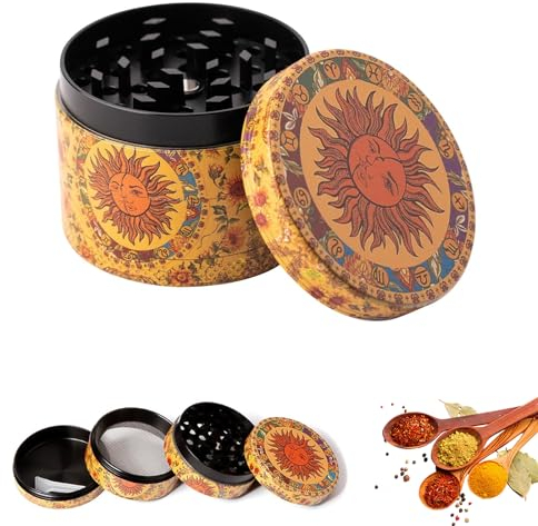 VireEyU Macinino per Spezie e Erbe Vintage Sun, Grinder per Polline e Crusher, Macina in Metallo per Spezie, Erbe, Polline, Vaniglia con Raschietto per Polline, Giallo (40 mm)