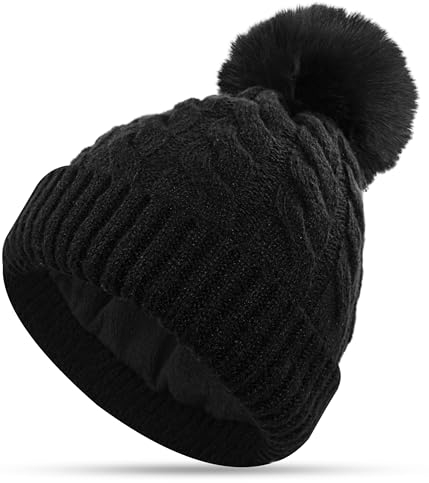 CAOZITOU Mütze Damen, Wintermütze Double Fleece Line Beanie Dehnbar Warme Weich Strickmützen mit Abnehmbarer Bommel für Outdoor Sports Ski (Schwarz)