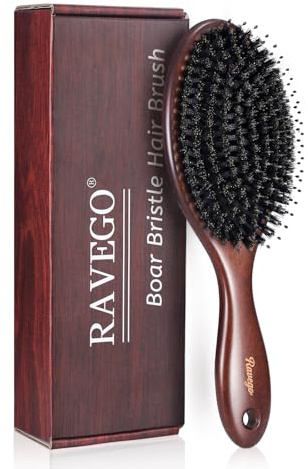 RAVEGO Hair Brush, Boar Bristles Hair Brush for Women Men Kids, Boar & Nylon Bristle Brushes for Smoothing Massaging Scalp Detangling Wet/Dry Hair, Reduce Frizz Dry Restore Natural Shine