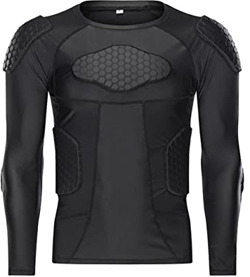Hotfiary Men's Long Sleeve Padded Compression Shirt, Football Rib Chest Shoulder Protector for Baseball Basketball Paintball Goalkeeper, Mens Rugbys Safe Guard Top Protective Gear Training Suit