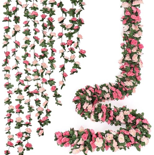 ASTNIC 9Pcs Artificial Flowers Garland, 72Ft Artificial Silk Roses Vines Outdoor UV-Resistant Hanging Flower Garlands Decoration for Wedding Party Home Garden Wall Bedroom Table, Pink