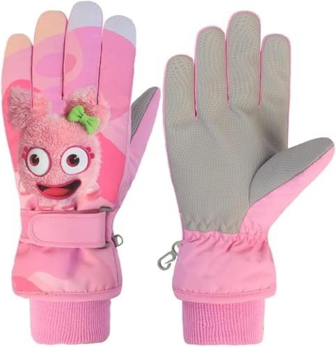 HNGEMSY Waterproof Kids Gloves Winter Cold Weather Fleece Lined Thermal Warm PU Palm Snow Ski Cycling Glove for Age1-13 Boys Girls Kid Boy Toddler Girl Children Skiing Snowboarding (Rose-Fairy, XS)
