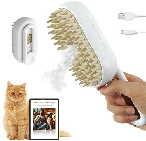 SPAZZOLA A VAPORE PER GATTI E CANI - Casa pulita ed Animali domestici più felici con la spazzola x gatti a vapore a pelo corto e pelo lungo con effetto massaggio - EBOOK IN OMAGGIO (Bianco)