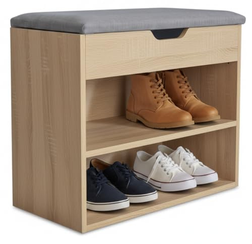 MAKA Scarpiera Cassapanca Ingresso con Seduta, Panchetta da Ingresso con Cuscino Imbottito L60xP30xA48 cm, Capacità Seduta 100 Kg, 3 Scomparti a Scaffale, Legno Resistente (Rovere A)
