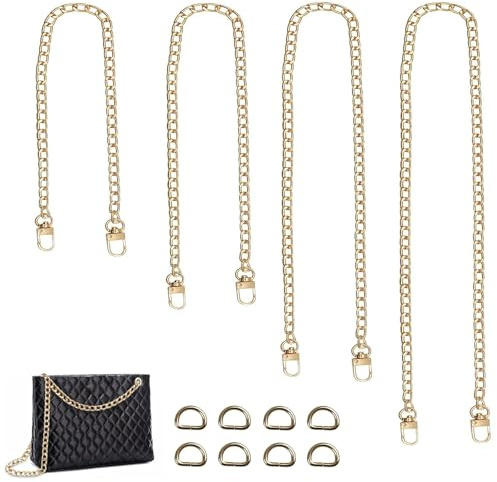 Yuaiosn 4 Piezas Cadena para Bolso Set, Cadenas de Metal Correas de Hombro en Oro, DIY Cadenas para Bolsos, 40cm, 60cm, 80cm, 120cm cm con 8 anillas en D para bolso bandolera, Cartera