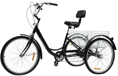 TyochiAki 24 tum, 6-växlad vuxen trehjuling med inköpskorg och ryggstöd, 3 hjul, cykel upp till 95 kg, lastcykel, justerbar höjd (svart)