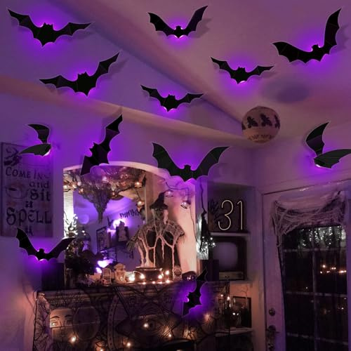 12 Pcs Gran 3D Murcielagos Halloween Decoracion con LED, Pegatinas De Pared De Murciélago Halloween, para Windows, Pared, Puertas, Suministros para Fiestas (Morado)