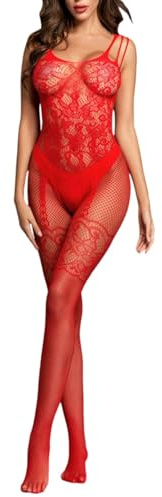 Gatamiau Women Sexy Fishnet Mesh Bodystocking See through Lace Lingerie Sheer Backless Tight-Fitting Babydoll Naughty Sleepwear Bodysuit with Stockings and Suspenders (Red)