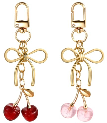Lnngub 2 Pcs Cute Cherry Keychain Cherry Bag Charm Red Pink Cherries Elegant Bow Keychain Bag Charms for Handbags Purse Car Keys Accessories Women Birthday Christmas Mother'S Day Gifts