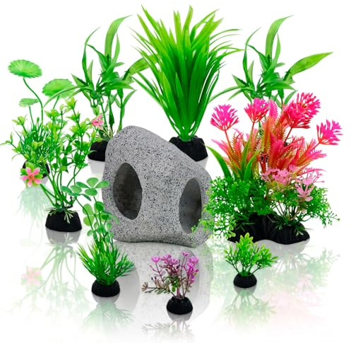 Griwuut Accesorios para peceras, plantas de acuario, 10 piezas de plástico artificial para decoración de acuarios y rocas de cueva, decoración de pecera para acuarios