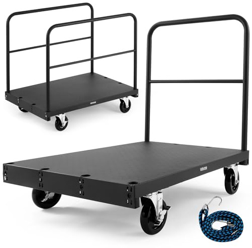 VEVOR Carrello per Cartongesso, Carico 816 kg, Carrello per Pannelli in Acciaio con Ruote Girevoli da 12,5 mm, con Piattaforma da 91,4 x 61 cm con 3 Corrimano Laterali per Fabbrica, Garage, Nero