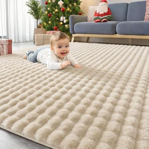 Homaxy Hochflor Teppich mit 3D Bubble Muster Weich Flauschig Teppiche, Waschbar Antirutsch Teppich groß für Wohnzimmer, Kinderzimmer, Schlafzimmer - 240x340 cm, Beige