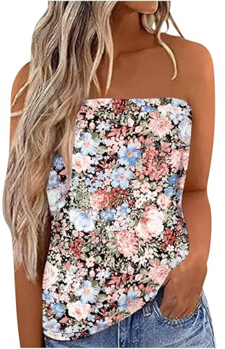 IWOLLENCE Bandeau topp dam axelbandslös rör utan axelfri, överdelen bustier har ett elastiskt midjeband på den övre kanten svävande fåll fritid och semester, Svarta färgglada blommor, L