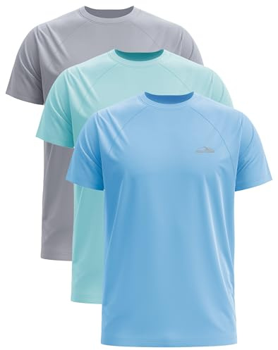 Hioutdoor 3-pack UV-skyddande tröjor för män, utslagsskydd med UPF 50+ solskydd, snabbtorkande, lätt, andningsbar, för sport, fitness, träning, surfing, utomhus, simning – herr, Mörk/blå/ljusblå, L
