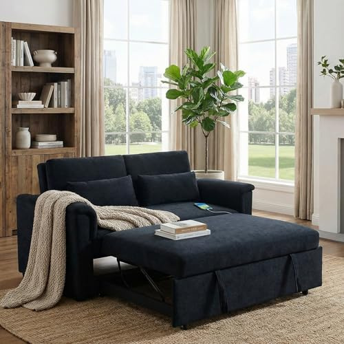 Trygoal Sofa Bed, Pull Out Couch with Side Pockets, 3 in 1 Velvet Loveseat Sleeper Sofas Beds with USB Ports, Sofa Bed Couch with Adjustable Backrest for Living Room, Bedroom, Apartment, Black Blue