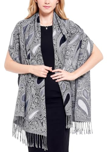 Achillea Soft Silky Reversible Paisley Pashmina Shawl Wrap Scarf w/Fringes (Black White)