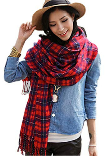 Mocasor Plaid Blanket Scarves for Women, Ladies Fashion Winter Warm Tartan Oversized Long Checked Shawls and Wraps (03 Red Blue Plaid)