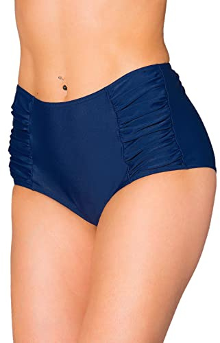 Aquarti Bikinihose Damen mit Hoher Taille und Raffung – Klassische Bikinihosen für Damen in Uni-Farben, Farbe: Dunkelblau, Größe: 48