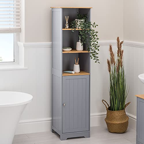 CHRISTOW Tall Bathroom Cabinet, Wooden Grey & Bamboo Tallboy Unit, 3 Shelf Storage Cupboard