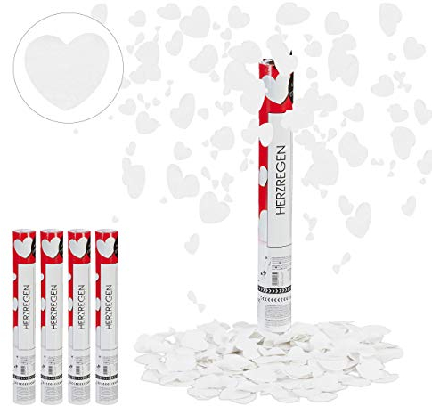 Relaxdays 5 x Party Popper mit Herzen, 6-8 m Effekthöhe, Hochzeit & Verlobung, Papierkonfetti, Konfettikanone 40 cm, weiß