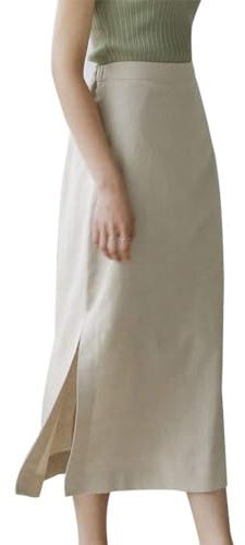Ylingjun Long Linen Skirt for Women High Elastic Waisted Straight Linen Midi Skirt with Slit (Beige, XS)
