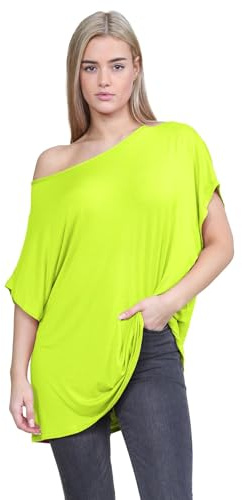 Hamishkane Ny fladdermusärm för damer, enkel axel, bardot, överdimensionerad t-shirt, mini topp, NEONGULT, 38/40 SE