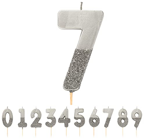 Talking Tables Candela di compleanno in argento numero 7 con glitter - Decorazione per topper per torta di alta qualità - Per bambini, adulti, 7°, 70° compleanno, anniversario