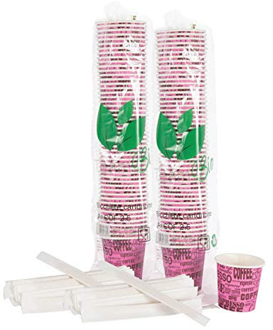 Bioaiks Vasos de cartón para espresso, juego de 200 unidades con varillas de abedul para mezclar, 75 ml, (rosa)