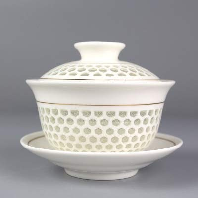 LINPO Zuppiera Ciotola in Porcellana Ciotola Dipinta a Mano Design Cava Gaiwan Ciotole con Coperchio in Ceramica Piattino con Coperchio