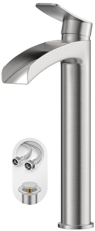 Phiestina Brushed Nickel Tall Bathroom Vessel Sink Faucet, Single Hole Single Handle Waterfall Modern Above Countertop Sink Bathroom Faucet, with Pop Up Drain and Water Supply Line, NS-SF01-BN-V