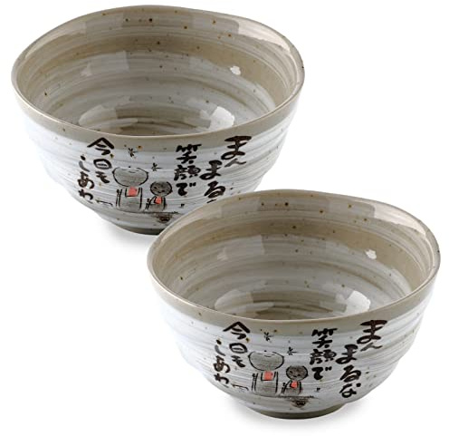 Japanese Rice Bowls, Miso Soup Bowls, Jizo Statue Design, Set of 2, 4.5 inch