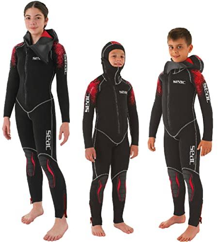 SEAC Unisex-Youth First einteiliger Neoprenanzug mit angesetzter Haube, für Kinder und Jugendliche, 5 mm Neopren, schwarz/rot, 13 Jahr
