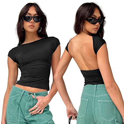 Arkim Top Dos Nu Femme Y2K Backless Top T-Shirts, Sexy Haut Dos Nu Femme Ete, Top Dupes,Top Court Style Réversible (as4, Alpha, l, Regular, Regular, Noir)