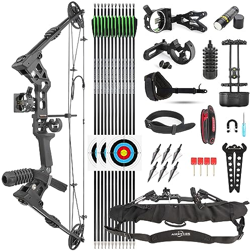 SHARROW Compoundbogenset 20-70 LBS Einstellbare Jagd Compound Bogen und Pfeil Set für Erwachsene Jugend Anfänger Outdoor-Schießen Bogenschießen Set LH/RH (Rechte Hand, Schwarz)