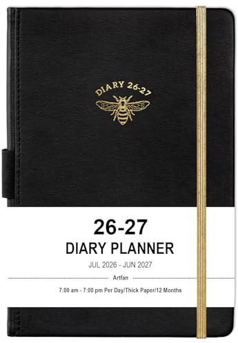 Artfan Academic Diary 2026-2027, Mid Year Diary Page a Day Jul 2026-Jun 2027 Office School Home Work Daily Plan Faux Leahter Classic Back Pocket Monthly Tabs - Black A5