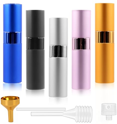 Tanstic 5Pcs 8ml Refillable Perfume Atomizer Bottle, Mini Cologne Travel Atomizer Fragrance Spray Bottles Empty Container, Portable Small Aftershave Sprayer with Perfume Dispenser for Traveling
