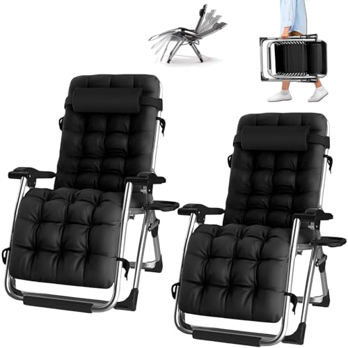 PMFRUG Set di 2 Sdraio da Giardino,Sedia Pieghevole Zero Gravity da Esterno Regolabile con Portabicchieri e Poggiatesta+batuffolo di cotone Sedia Sdraio terrazzo (Nero cuscino)