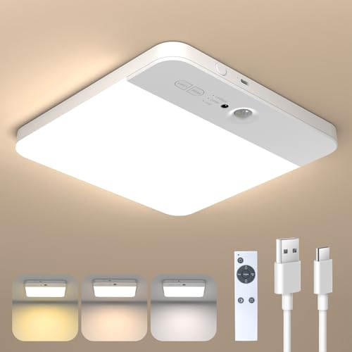 NARUNDREN Plafón LED de Techo Recargable con Sensor de Movimiento, 6000 mAh Lamparas a Pilas, Iluminacion sin Cables con Mando a Distancia, 3000K/4000K/6000K, Lampara Baño, Pasillo y Dormitorio