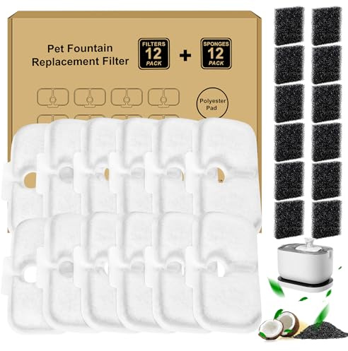 12 stycken kattfontänfilter för Dockstream, dricksfontän för katt, PLWF005, PLWF115, PLWF105, 12 stycken kolfilter och 12 stycken skumfilter, set med 2 månaders ersättningsfilter för kattfontän
