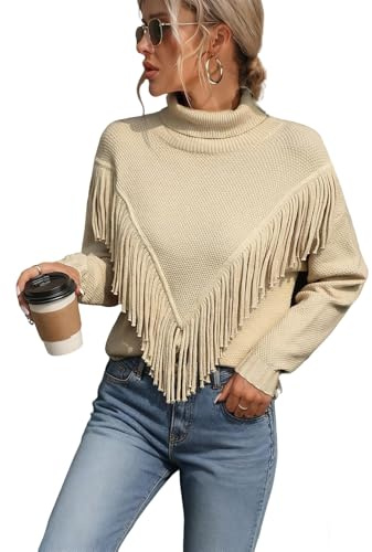 crazy bean Maglione Collo Alto Lungo Donna Pesante Moda Maglioni con Frange Manica Lunga Pullover Manica Lunga Slim Fit Caldo Beige XL