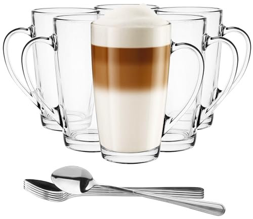 Glasmark KROSNO 1992 Juego De 6 Tazas De Café Latte Con Asa 400 ml Vasos de Capuchino Latte Macchiato Té Resistente Al Calor Vidrio Transparente Con Cucharillas