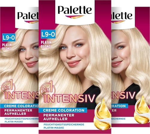 Palette Intensiv Creme Coloration L9-0 Platin Blond (3 x 135 ml), Permanenter Aufheller für bis zu 9 Stufen Aufhellung und strahlende, blonde Haarfarbe, mit Anti-Gelbstich-Effekt