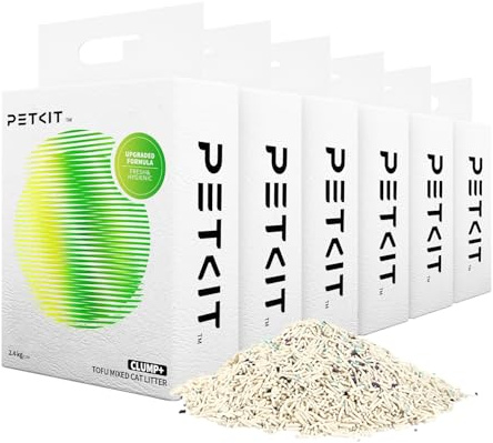 PETKIT Clump+ Kattsand Blandad, Klumpade Kattströ, Tofu- och Bentonit Strö, Luktkontroll, med Aktivt Kol, Superabsorberande, Spolbar, 2,4 kg, 6 Påsar