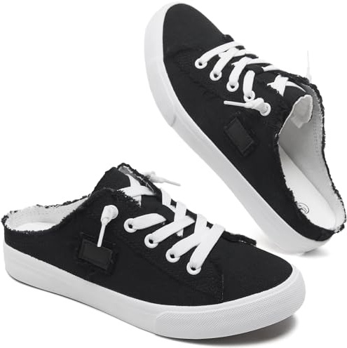 BENPAO Womens Canvas Mules White Slip on Fashion Sneakers Black Loafers Comfortable Casual Shoes for Women(Black,US10)