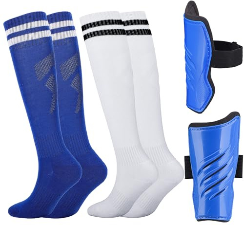 Aquzhou 2 Pairs Kids Football Socks with Kids Shin Pads, Boys Football Socks Cushioned Knee High Breathable Girls Boys Soccer Sock for Junior (5-10 years)